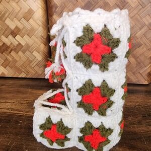 Vintage Handmade Crochet Christmas Boot Holder Granny Squares‎ White Red Green
